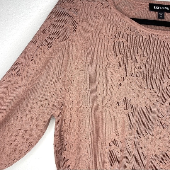 Express Lace Stitched Smocked Peplum Sweater Open Knit Rose Pink Romantic - Picture 4 of 9